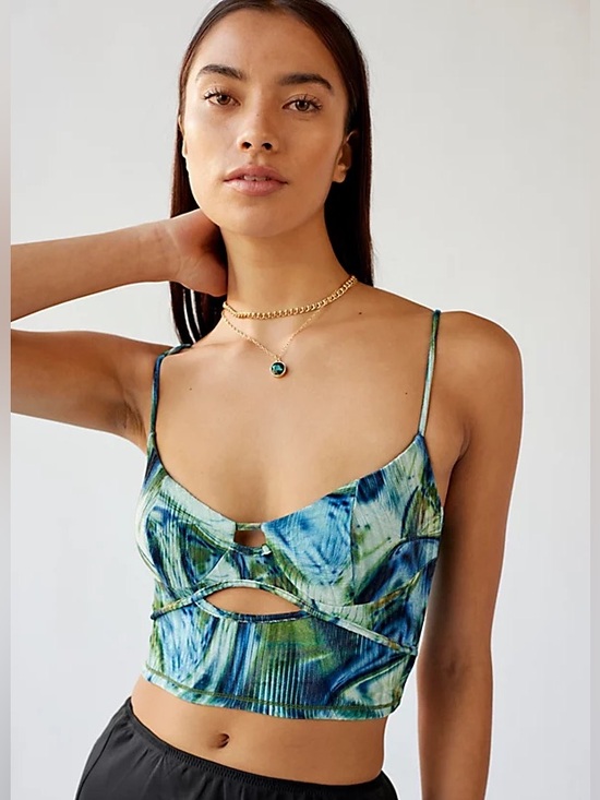 Urban Outfitters Tops - Urban Outfitters Josie Velvet Corset Chartreuse Tie-Dye Strap Crop Top (236)
